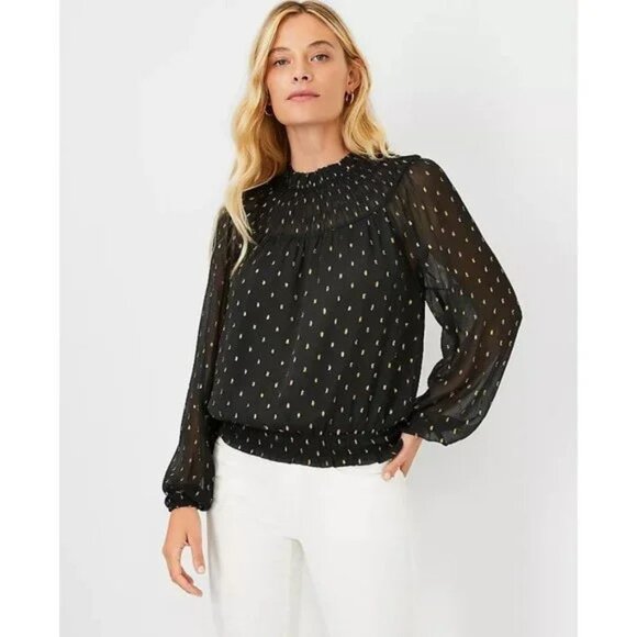 Ann Taylor Metallic Clip Smocked Ruffle Neck Top XS - Picture 1 of 3